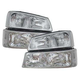 YUNZHIYI Headlight Assembly Replacement for 2003-2006 Chevy Silverado Compatible with 07 Silverado Classic / 03-06 Avalanche with Bumper Lights (Chrome Housing with Clear Reflector)