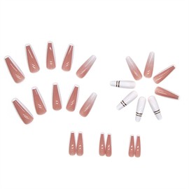 SINHOT Medium Coffin Press on Nails Ballerina Fake Nails Glossy Glue on Nails Gold Line Acrylic Nail with White Gradient False Nails Designs 24 pcs