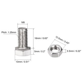 sourcing map M8 x 16mm Hex Head Screws Bolts, Nuts, Flat & Lock Washers Kits, 304 Stainless Steel Fully Thread Hexagon Bolts 6 Sets