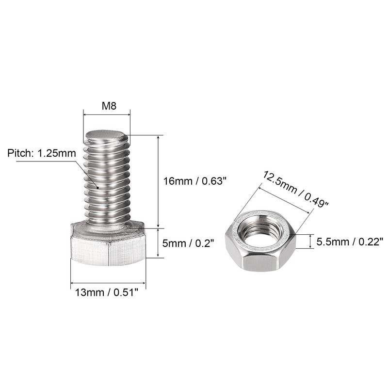 sourcing map M8 x 16mm Hex Head Screws Bolts, Nuts,