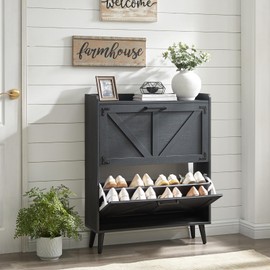 Barnyatoh Shoe Storage Cabinet with 2 Flip Drawers, Farmhouse Hidden Shoe Organizer, Narrow Slim Shoe Rack Cabinet for Entryway Hallway,Black