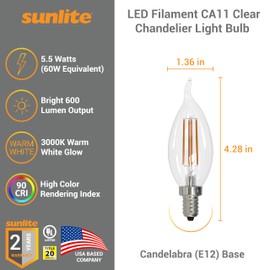 Sunlite LED Filament CA11 Flame Tip Chandelier Light Bulb, 5.5 Watts (60W=), 600 Lumens, Candelabra Base (E12), Edison Style, 90 CRI, Dimmable, UL Listed, 3000K Warm White, 12 Count