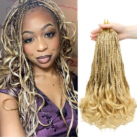French Curl Crochet Braids 14 Inch Goddess Box Braids Crochet Hair for Women Pre Looped Crochet Box Braids with Curly Ends Synthetic French Curly Braiding Hair Extensions (8 Packs，P27/613)