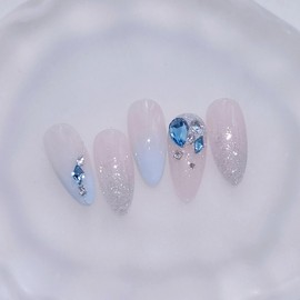 Ice Blue Handmade Nail Tips - Almond Short / 아이스블루 수제네일팁 - 아몬드숏