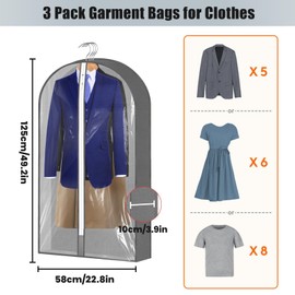 Zythrem 3Pcs Garment Bags 50" Suit Covers for Hanging Clothes Moth Proof Clothes Covers with Zip Suit Protector Bags Breathable Dustproof Garment Coversfor Long Suits Coats Jackets Dresses Shirts