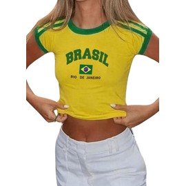 SHENHE Women's Brazil Crop Top Crew Neck Short Sleeve Graphic Colorblock Y2K Jersey Tshirt Yellow M