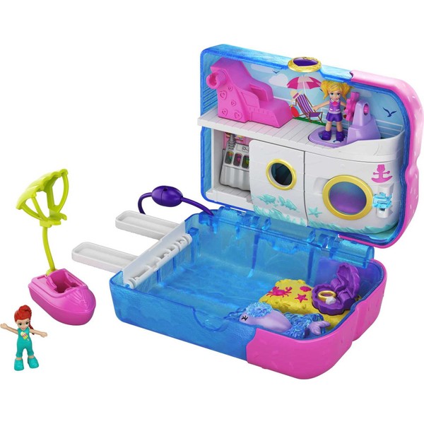 Polly Pocket Playset, Travel Toy with 2 Micro Dolls & Water Play Accessories, Pocket World Sweet Sails Cruise Ship Compact