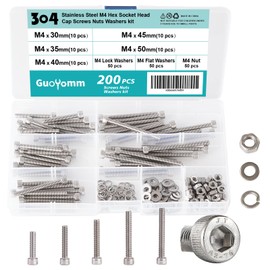 GuoYomm M4 x 30mm 3mm 40mm 45mm 50mm, Hex Socket Head Cap Screws Bolts Washers Nuts Assortment Kit, Stainless Steel 304, Metric Allen Hex Drive, 200 PCS