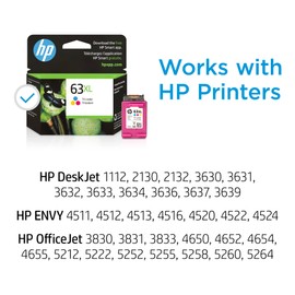 HP 63XL Tri-Color High-Yield Ink Cartridge | Works with Printer Series: DeskJet 1112, 2130, 3630; Envy 4510, 4520; OfficeJet 3830, 4650, 5200 | Eligible for Instant Ink | F6U63AN