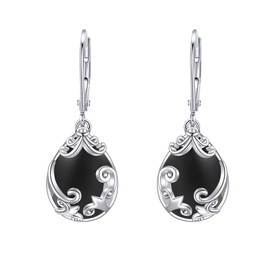 Black Onyx Earrings 925 Sterling Silver Filigree Earrings Hanging Leverback Black Onyx Jewellery Gifts for Women Girls Mother, Sterling Silver