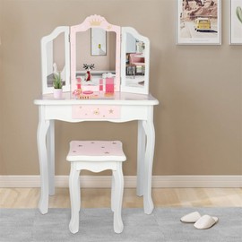 Pink Kids Vanity Set Wood Makeup Table and Chair Set for Little Girls Princess Child Vanity Desk Tri-Fold Mirror Dressing Table with Drawer (Pink Star Style)