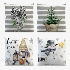 AIBIIN Christmas Decorative Cushion Covers 45 x 45 cm Set of 4 Winter Snowman Snowflakes Green Plants Bell Gray Throw Pillow Covers for Sofa Couch Home Bedroom