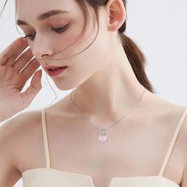 POPLYKE Rose Quartz Crystal Cat Necklace for Women Sterling Silver Pink Crystal Cat Pendant Necklace for Girls Cat jewelry Cute Animal Necklace Gifts