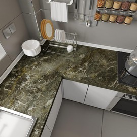 31.5"x354" Extra Wide Marble Contact Paper for Countertops Dark Green Marble Wallpaper Peel Stick Countertops for Kitchen Glossy Waterproof Adhesive Marble Vinyl Wrap Counter Top Covers for Bathroom