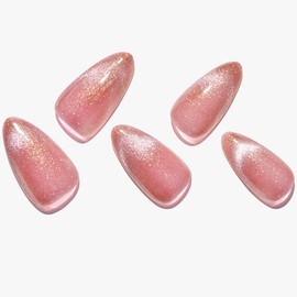 GLAMERMAID Press on Nail Medium Almond, Christmas Handmade Rainbow Pink French Tip Gel Glue on Nail, 24Pcs Glossy Short Stiletto Reusable UV Finish Fake Nail Acrylic False Nails Manicure Kit for Women