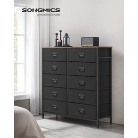 SONGMICS Dresser for Bedroom, Storage Organizer Unit with 10 Fabric Drawers, Steel Frame, for -Living -Room, Entryway, 10 drawers Brown + Black