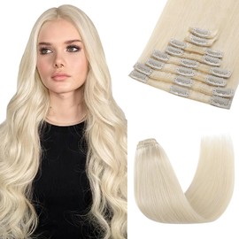 EGOHAIR 8 PCS Hair Extensions Clip in Real Human Hair, 20 inch Thin Full Head Human Hair Extensions Straight - Platinum Blonde (70g)