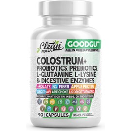 Clean Nutraceuticals Colostrum Supplement Capsules Probiotics Pills Prebiotics, L-Glutamine, Digestive Enzymes, Folate, Fiber, ACV, Turmeric, Apple Pectin and Turmeric Good Gut