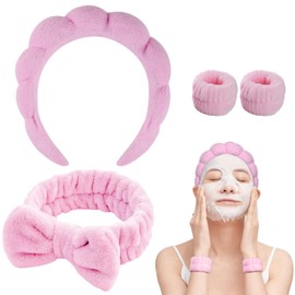 Bighan Spa Makeup Headband Set, Headband Skincare Headband for Woman, Face Wash Wristband and Bowknot Hair Band, Facial Wrist Towel Washbands for Women Girls, Pink