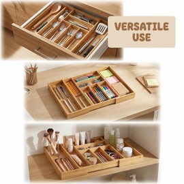 Klabelle Bamboo Drawer Organizer - Expandable Kitchen Utensil Holder, Adjustable Silverware Drawer Organization, Kitchen Wooden Tray for Cutlery, Flatware & Stationery, 6-8 Slots (Natural)