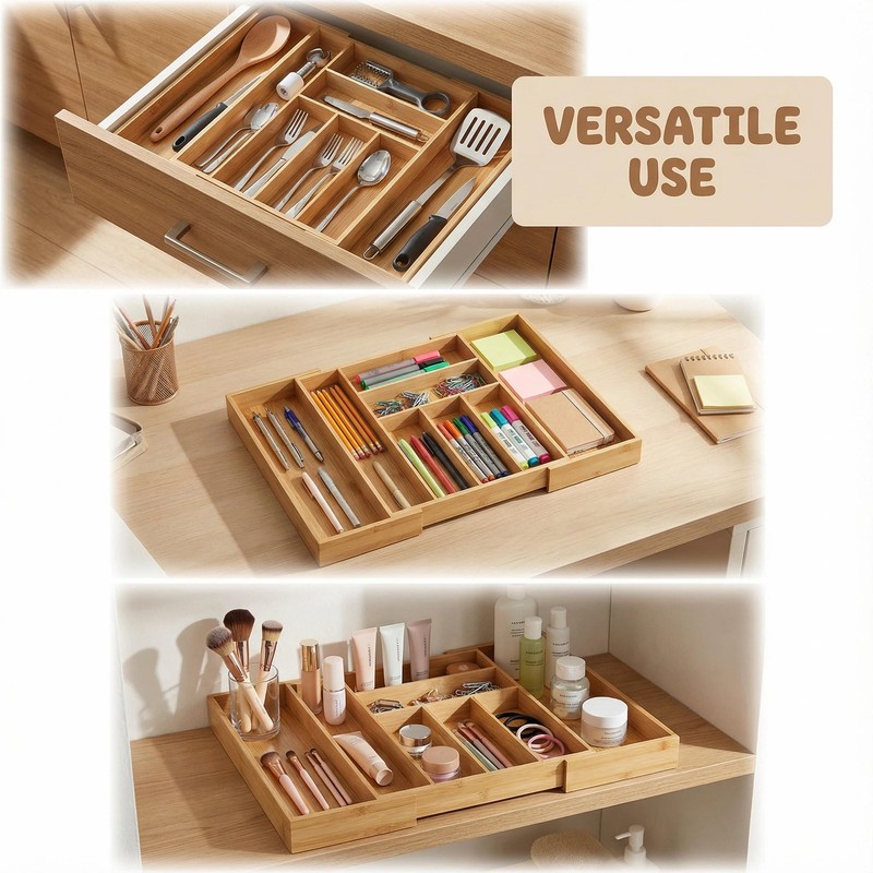 Klabelle Bamboo Drawer Organizer - Expandable Kitchen Utensil Holder, Adjustable