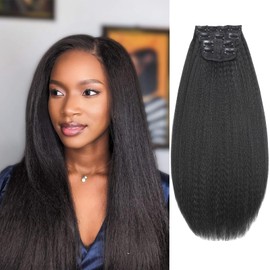 Kinky Straight Clip Ins Hair Extensions Natural Black for Black Women Full Head Yaki Kinky Straight Clip in Hair Synthetic 4PC 11Clips 130g/Set (32 inch)