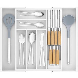 TIOPGHAD Bamboo-Silverware-Drawer-Organizer-Kitchen, Expandable Utensil Holder Cutlery Tray Flatware Organization Adjustable Wood Tableware Dividers Storage (with Removable Knife Block)(White)