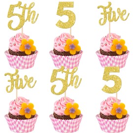 24 piezas de adornos para cupcakes de 5º cumpleaños, con purpurina, cinco púas para cupcakes número 5, decoraciones para cupcakes de cumpleaños para baby shower, niños, 5º cumpleaños, aniversario, fiesta, decoración de pasteles, suministros dorados
