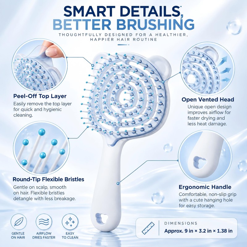 Bear-Shaped Self Cleaning Hair Brush, Curved Vented Design, Blue