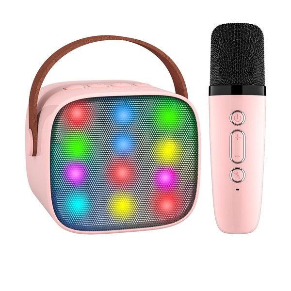 Karaoke Machine Kids, Upgrade Wowstar Karaoke Machine Bluetooth Speaker with Wireless Microphone for Kids Adults, Voice Changer Toy with LED Party Lights for Girls Boys Birthday (Pink)