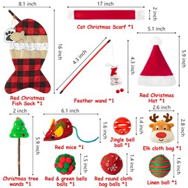 MALLMALL6 Christmas Cat Stocking Toys Costumes 11Pcs Interactive Cats Toy Gift Set with Santa Hat Scarf Teaser Wand Mice Deer Bells Balls Xmas Tree for Cat, Hanging Burlap Plaid Fish Sock for Pet