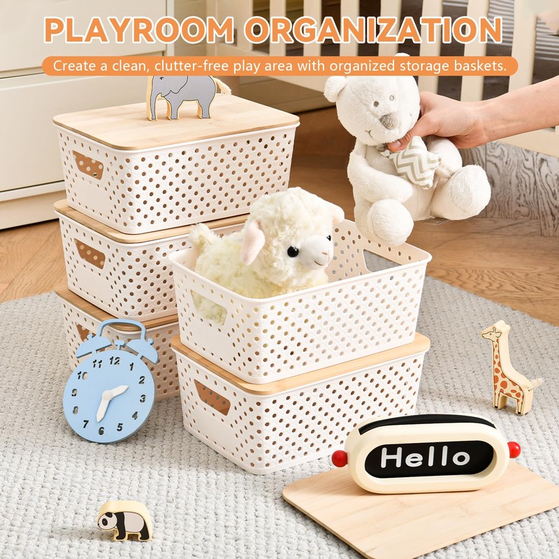 8 Pack Small Plastic Storage Bins with Bamboo Lids, Stackable