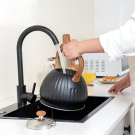 Tea Kettle, 3.6 Quart Water Kettle, Whistling Tea Pots for Stove Top Food Grade Stainless Steel with Wood Pattern Folding Handle,Loud Whistle for Tea, Coffee, Milk (Black)