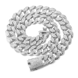 Halukakah Men's Gold Chain Iced Out, 20 mm Men's Cuban Chain Miami 18 Carat Real Gold-Plated / Platinum Plated White Gold Collar Necklace Bracelet, Full CZ Diamond Prong Set, Gift for Him, Metal, No