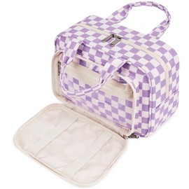 Narwey Full Size Toiletry Bag Large Makeup Bag Organizer Travel Cosmetic Bag for Women and Men (Purple Checkerboard)
