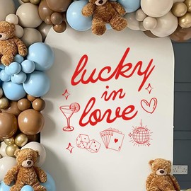 Lucky in Love Party Decor Wall Decal - Lucky in Love Bachelorette Decorations, Casino Elements Themed Wall Decal, Bachelorette Engagement Wedding Party Background Decoration (Red)