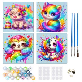RICUVED 4 Pack Paint by Numbers Adults, Paint by Numbers Paint by Numbers Children with 20 x 20 cm Wooden Frame, DIY Colourful Animals with Brushes and Acrylic Paints, Hand Painted Oil Painting Canvas