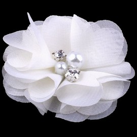 Huralona 20Pcs Chiffon Flowers Rhinestone Beads 2" for Sewing Craft Projects Wedding Party Decoration Embellishments DIY Headbands Girl Accessories NO Clips (Cream White)