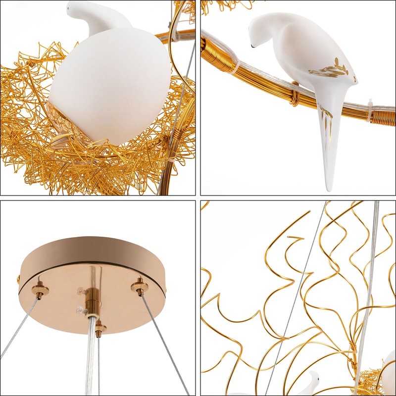 Bird Nest Chandelier, 3 Heads Gold Unique Light, Statement Hanging