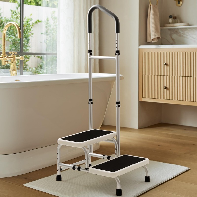 NORTTA 2-Step Stool with Adjustable Handrail for Adults - Lightweight
