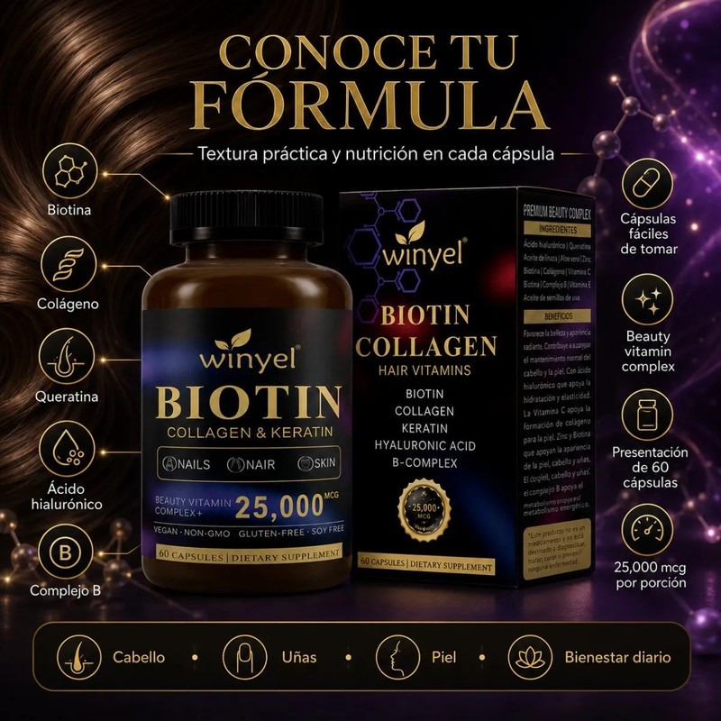 Biotina Colágeno Queratina Ácido Hialurónico 60 Cápsulas