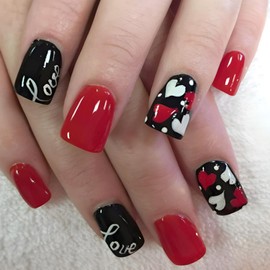 24Pcs Valentine Press on Nails Short Square Red Fake Nails with Heart Designs Cute Love Acrylic False Nails Kit Red Black Glue on Nails Glossy Full Cover Valentines Nail Art Decoration for Women