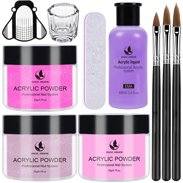 MAGIC ARMOR Acrylic Nail Kit, Acrylic Powder with Acrylic Liquid Low Odour Monomer Acrylic Liquid for Nails 3 Pieces Glitter Pink Acrylic Powder Nail Brush Crystal Cup for Acrylic Nails Extensions