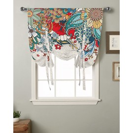 Boho Botanical Floral Tie Up Curtains for Kitchen Bedroom Living Room Windows, Adjustable Tie-Up Shade Rod Pocket Curtain Valance Drape Modern Abstract Bohemian Tropical Leaves 1 Panel, 42" x 45"