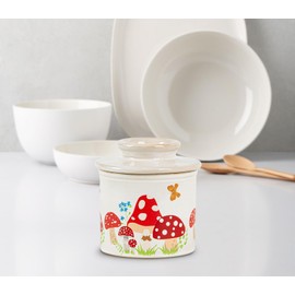 Mushroom Butter Crock For Counter With Water Line French Butter Holder Ceramic Butter Keeper Butterfly Mushroom Jungle Decor Anti-Slip Design