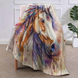 VANZEV Watercolor Horse Throw Blanket Gifts, Soft Cozy Fleece Blanket with Colorful Feather Mane Print, Blanket for Couch Bed Sofa, Perfect for Horse Lovers and Western Decor, 50x60 in