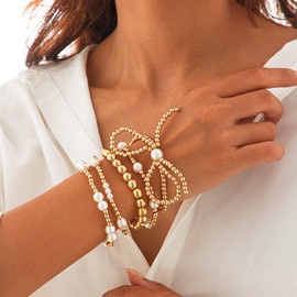 WZNBBOY Gold Bracelets for Women Gold Stretch Bead Ball Bracelet Stack Set Hypoallergenic Stackable Beaded Bracelet Adjustable Faux Pearl Bracelet Set for Christmas Birthday Gifts, Adjustable, Brass,