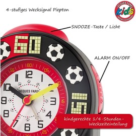 JACQUES FAREL Kinderwecker Lernwecker Jungen Fußball Analog Quarz mit Licht und Snooze Alarm Schwarz Rot ACW 31