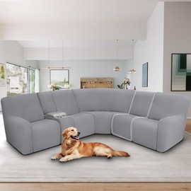 ALIECOM 100% Waterproof Sectional Recliner Couch Covers L Shape Jacquard Stretch 1-Piece Additional Reclining Sofa Cover Washable Armless Corner Seat Slipcover Protector (1 Seat, Light Gray)