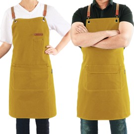 Chef Apron for Men Women with Pockets | Adjustable Cross-Back Work Apron | Canvas Kitchen Cooking BBQ Apron | Barista Bartender Barber Professional Apron | Art Craft Gardening Florist Aprons - Yellow